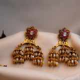 3 Layered Rice pearl Kundan Jhumkas in 24kt Gold Polish