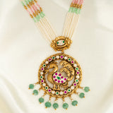 Deep Nakas Peacock Kundan Necklace with Pink Stone And Green  Earrings 24kt Gold polished