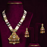 Deep Nakas Kemp Stone Triangular Shape Earrings With Kundan Long Necklace Green, White And Pink Ruby 24kt Gold polished