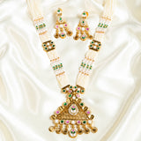 Deep Nakas Kemp Stone Triangular Shape Earrings With Kundan Long Necklace Green, White And Pink Ruby 24kt Gold polished