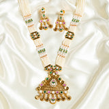 Deep Nakas Kemp Stone Triangular Shape Earrings With Kundan Long Necklace Green, White And Pink Ruby 24kt Gold polished