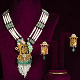 Deep Nakas Lord Krishna With Matching Earrings And Kundan Long Necklace Green Leaf  White And Green Ruby 24kt Gold polished
