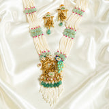 Deep Nakas Lord Krishna With Matching Earrings And Kundan Long Necklace Green Leaf  White And Green Ruby 24kt Gold polished