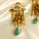 Deep Nakas Lord Krishna With Matching Earrings And Kundan Long Necklace Green Leaf  White And Green Ruby 24kt Gold polished