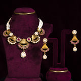 Deep Nakas Triangular And Circular Shape Kundan Short Necklace With Earrings White And Pink Ruby 24kt Gold polished