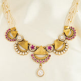 Deep Nakas Triangular And Circular Shape Kundan Short Necklace With Earrings White And Pink Ruby 24kt Gold polished