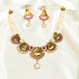 Deep Nakas Triangular And Circular Shape Kundan Short Necklace With Earrings White And Pink Ruby 24kt Gold polished