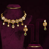 Deep Nakas Kundan Short Necklace Triangular Shape With Earrings White Stone Red & Green Ruby 24kt Gold polished