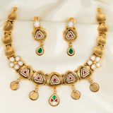 Deep Nakas Kundan Short Necklace Triangular Shape With Earrings White Stone Red & Green Ruby 24kt Gold polished