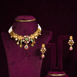 Deep Nakas Kantha Stitch Kundan Short Necklace With Earrings  light Pink Ruby 24kt Gold polished