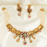Deep Nakas Kantha Stitch Kundan Short Necklace With Earrings  light Pink Ruby 24kt Gold polished