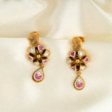 Deep Nakas Kantha Stitch Kundan Short Necklace With Earrings  light Pink Ruby 24kt Gold polished