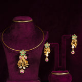Deep Nakas Verdant Kundan Leaf Pendant Drop Earrings  Green and Pink Ruby 24kt Gold polished