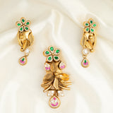 Deep Nakas Verdant Kundan Leaf Pendant Drop Earrings  Green and Pink Ruby 24kt Gold polished