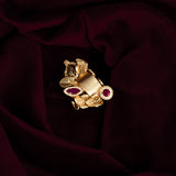 Deep Nakas Cental Part Textured Ridged Design With Leaf Elements Finger Ring Kundan  Pink Ruby 24kt Gold polished