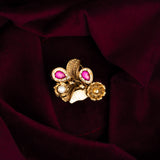 Deep Nakas Flower And Leaf With Small Pearl Finger Ring Kundan  Pink Ruby 24kt Gold polished