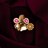 Deep Nakas Flower And Leaf With Small Pearl Finger Ring Kundan  Pink Ruby 24kt Gold polished