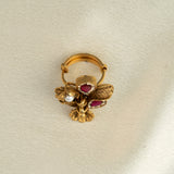 Deep Nakas Flower And Leaf With Small Pearl Finger Ring Kundan  Pink Ruby 24kt Gold polished