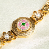 Deep Naka Floral And Heart Shaped With Pearl Bracelet Kundan White And Light Pink Ruby 24kt Gold polished