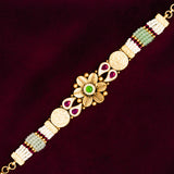 Deep Naka Sun Flower Design Bracelet Kundan Green and Pink Ruby 24kt Gold polished