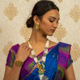 Deep Nakas Lord Krishna With Matching Earrings And Kundan Long Necklace Green Leaf  White And Green Ruby 24kt Gold polished