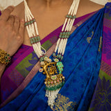 Deep Nakas Lord Krishna With Matching Earrings And Kundan Long Necklace Green Leaf  White And Green Ruby 24kt Gold polished
