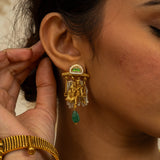 Deep Nakas Lord Krishna With Matching Earrings And Kundan Long Necklace Green Leaf  White And Green Ruby 24kt Gold polished