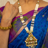 Deep Nakas Kemp Stone Triangular Shape Earrings With Kundan Long Necklace Green, White And Pink Ruby 24kt Gold polished
