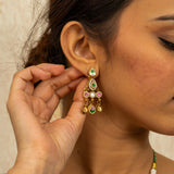 Deep Nakas Kemp Stone Triangular Shape Earrings With Kundan Long Necklace Green, White And Pink Ruby 24kt Gold polished