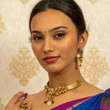 Deep Nakas Red And White Ruby Choker Necklace With Matching Earrings Leaf And Flower Shaped Kundan 24kt Gold polished