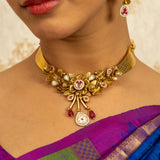 Deep Nakas Red And White Ruby Choker Necklace With Matching Earrings Leaf And Flower Shaped Kundan 24kt Gold polished