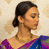 Deep Nakas Toned Choker Necklace With Matching Earrings Floral And Leaf Designs Kundan Green and Pink Ruby 24kt Gold polished