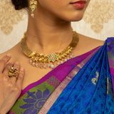 Deep Nakas Toned Choker Necklace With Matching Earrings Floral And Leaf Designs Kundan Green and Pink Ruby 24kt Gold polished