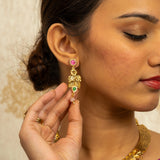 Deep Nakas Toned Choker Necklace With Matching Earrings Floral And Leaf Designs Kundan Green and Pink Ruby 24kt Gold polished