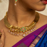 Deep Nakas Toned Choker Necklace With Matching Earrings Floral And Leaf Designs Kundan Green and Pink Ruby 24kt Gold polished