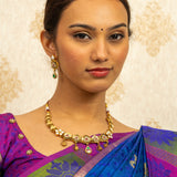 Deep Nakas Kundan Short Necklace Triangular Shape With Earrings White Stone Red & Green Ruby 24kt Gold polished