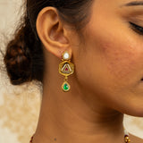 Deep Nakas Kundan Short Necklace Triangular Shape With Earrings White Stone Red & Green Ruby 24kt Gold polished