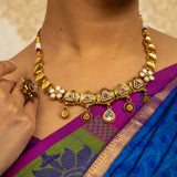 Deep Nakas Kundan Short Necklace Triangular Shape With Earrings White Stone Red & Green Ruby 24kt Gold polished