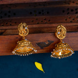 Deep Nakas Moissanite in Leaf With Peacock and White Pearls 24kt Gold Polished Jhumkas
