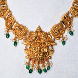 Deep Nakas lakshmi  Short Necklace With Green Polkis in 24kt Antique Gold Polish
