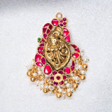 Peacock With Pink Kundan With Pearls Pendant in 24kt Gold polish