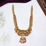 Deep Nakas Peacocok With Red Polkis in CZ Studed And Mossianite Long Necklace 24kt Gold Polish