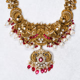 Deep Nakas Peacocok With Red Polkis in CZ Studed And Mossianite Long Necklace 24kt Gold Polish
