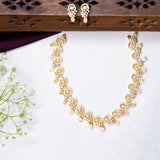 Flowers in Pink And Green Avikam Short Necklace With Earrings 18kt Gold polish