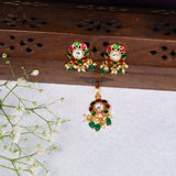 Pink And Green Kundan Studded Pendant With Earrings 24 kt Gold Polish