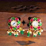 Pink And Green Kundan Studded Pendant With Earrings 24 kt Gold Polish