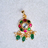Pink And Green Kundan Studded Pendant With Earrings 24 kt Gold Polish