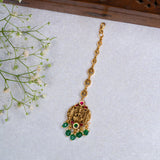 Deep Nakas Lakskhmi in Pink And Green Kundan Maangtikka 24kt Gold Polish