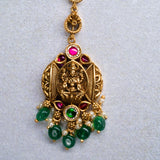 Deep Nakas Lakskhmi in Pink And Green Kundan Maangtikka 24kt Gold Polish