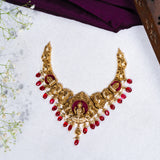 Deep Nakas Mahalakshmi With Red Poliks in CZ Studded Short Necklace 24kt Gold Polish